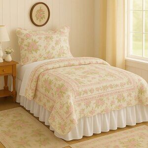 Floral Quilt Twin Full Pink Green Reversible Bedding and Pillow Sham Cottage